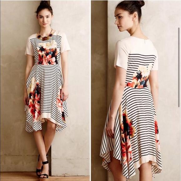 Anthropologie Corey Lynn Calter cream stripe floral asymmetrical dress size 2 - Picture 2 of 16